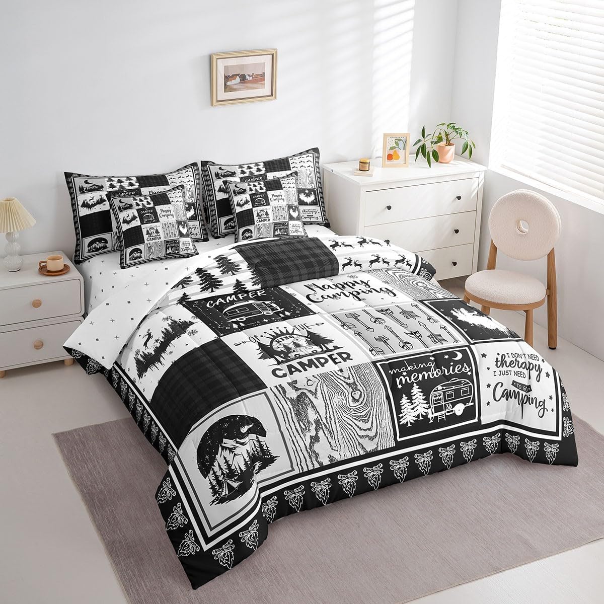 Erosebridal 7 Piece Kids Camping Themed Full Bedding Set,Rv Camper Comforter Set with Sheets for Bunk Travel Trailer,Woodland Pine Tree Bed Set,Black Grey Buffalo Plaid Bed in a Bag with Pillowcases image 2