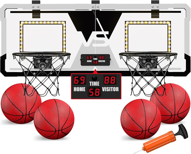 Dual Shot Over The Door Mini Basketball Hoop with Scoreboard & LED | 2 Player Basketball Game, Basketball Toy Gifts for Kids Boys Girls Adults, Suit for Bedroom/Office/Outdoor/Pool