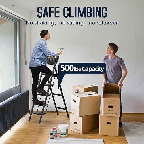 Miniatura 6 de Escalera plegable de 5 escalones, taburete de 5 escalones con bolsa de herramientas, pedal antideslizante ancho, ligero, portátil con asa, escalera