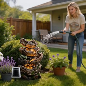 Solar Water Fountain Outdoor, 27 H 4-Tier Realistic Tree Trunk Cascading Waterfall with 4000mAh Battery Backup & 3000K LED Lights, IP64 Weatherproof Resin Fountain for Garden, Patio, Deck Decor