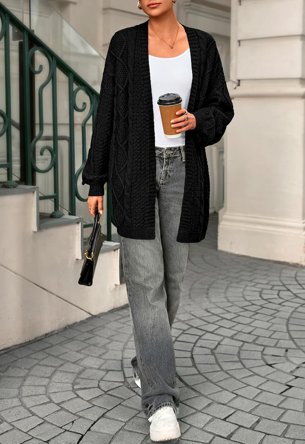 PRETTYGARDEN Women's Cable Knit Open Front Spring Sweater Lantern Long Sleeve Chunky Cardigan Sweaters Trendy Outerwear Coats - Image 6