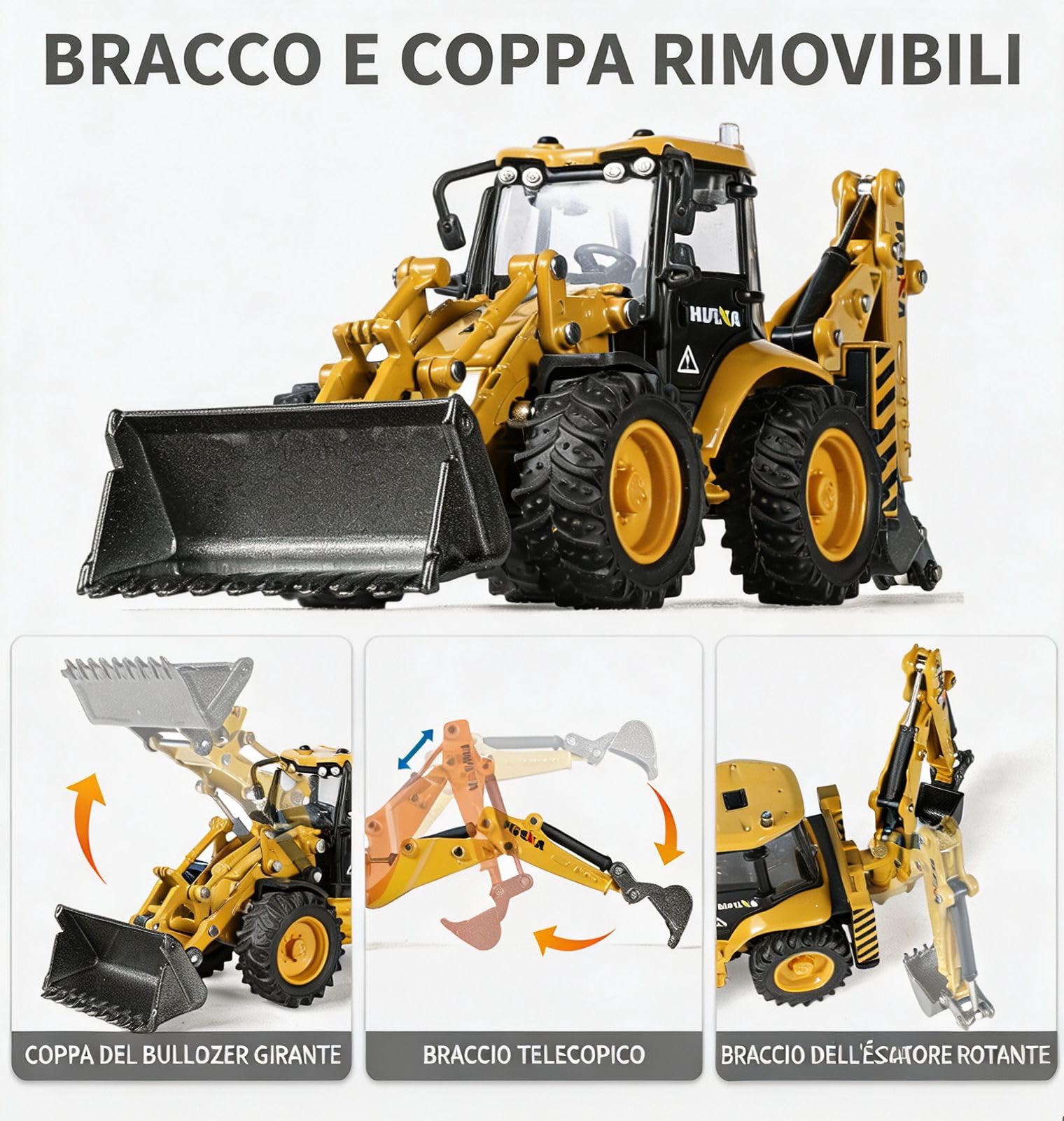 Escavatore Ruspa Giocattolo, 1/50 Modelli di Giocattoli 2 in 1 Camion a Frizione Modellini con Bulldozer Spiaggia Macchinine per Bambini Anni, Regalo di Compleanno Giocattoli- Yellow