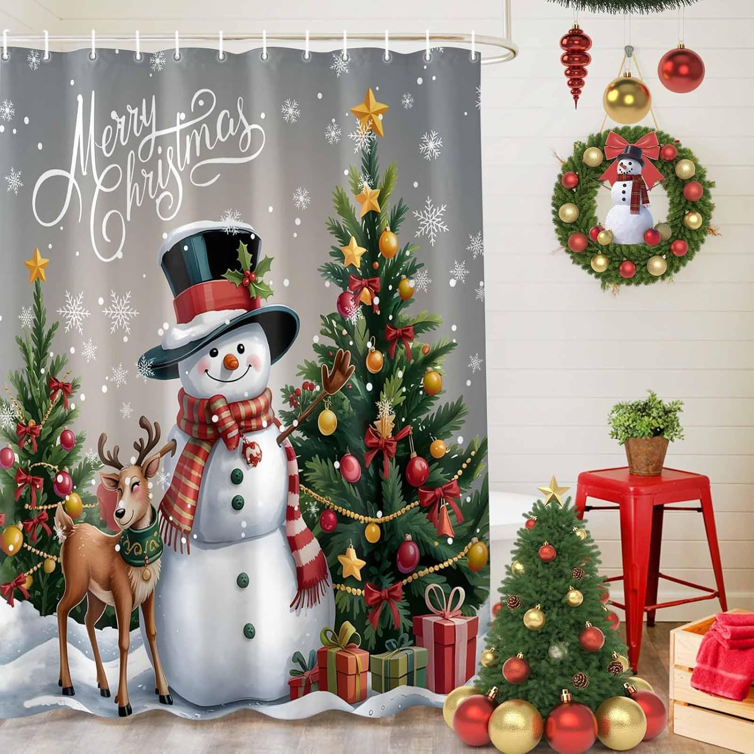 DecorLovee Grey Christmas Shower Curtain, Elk Snowman Waterproof Shower Curtains for Bathroom, Xmas Tree Snowflake Washable Fabric Bathtub Curtain Set Bath Decor with 12 Hooks Long 72"x84"