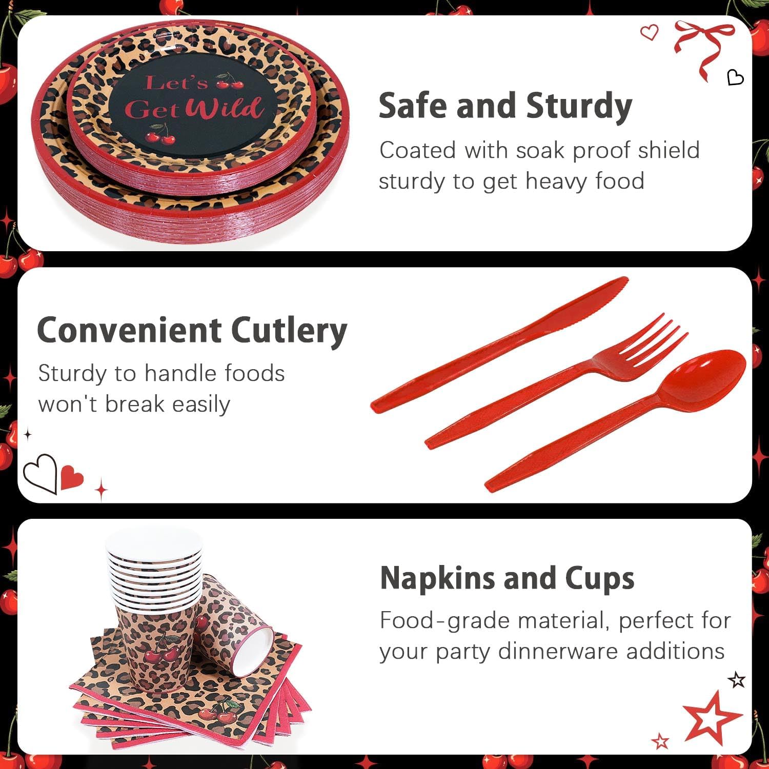 Red Cheetah Print Birthday Party Decorations Plates Set 25 Guests,175pcs Plates Napkins Cups Cutlery Set, Y2K Cherry Leopard Print for Girls Night Big Mama Women - Image 7