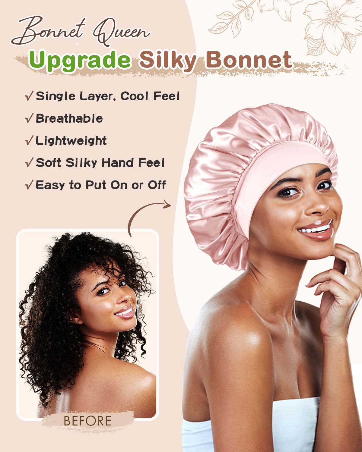 BONNET QUEEN Silk Bonnet for Sleeping Women Satin Bonnet Hair Wrap with Elastic Wide Band Sleep Cap for Curly Hair Night Cap