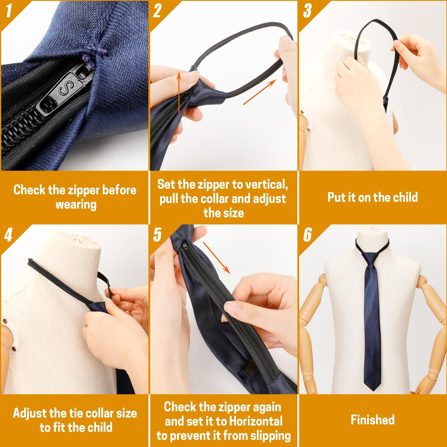 Aurya Boys' Solid Color Zipper Tie 15 inch/19 inch Polyester Satin Zipper Neckties