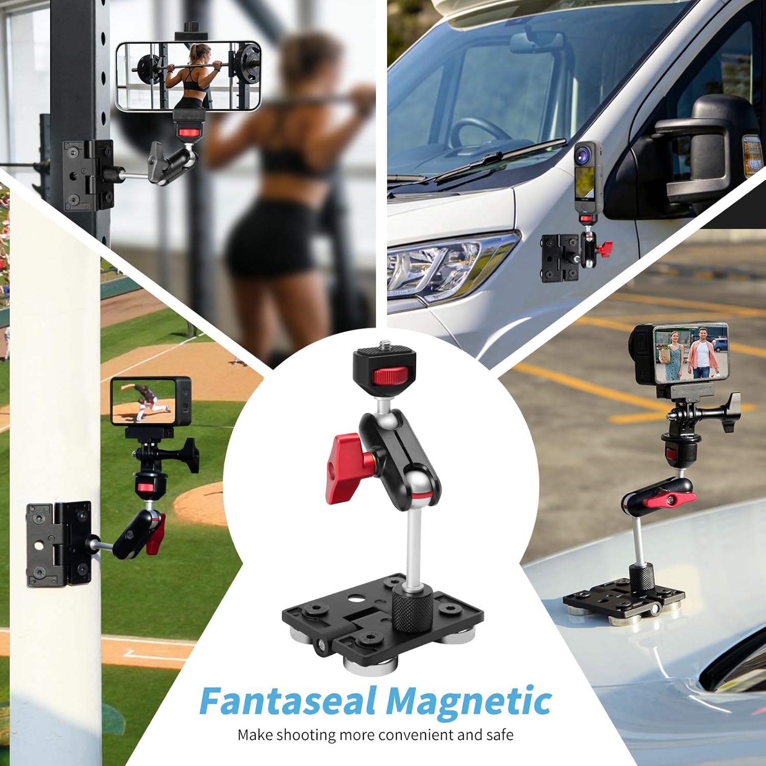fantaseal 4lbs-Load Strong Magnetic Hinge Phone Action Camera Car Mount Holder Steel Pillars Vlogging Kit w/Adjustable Dual Ball Head Magic Arm for GoPro Insta360 DJI OSMO iPhone Video Recording