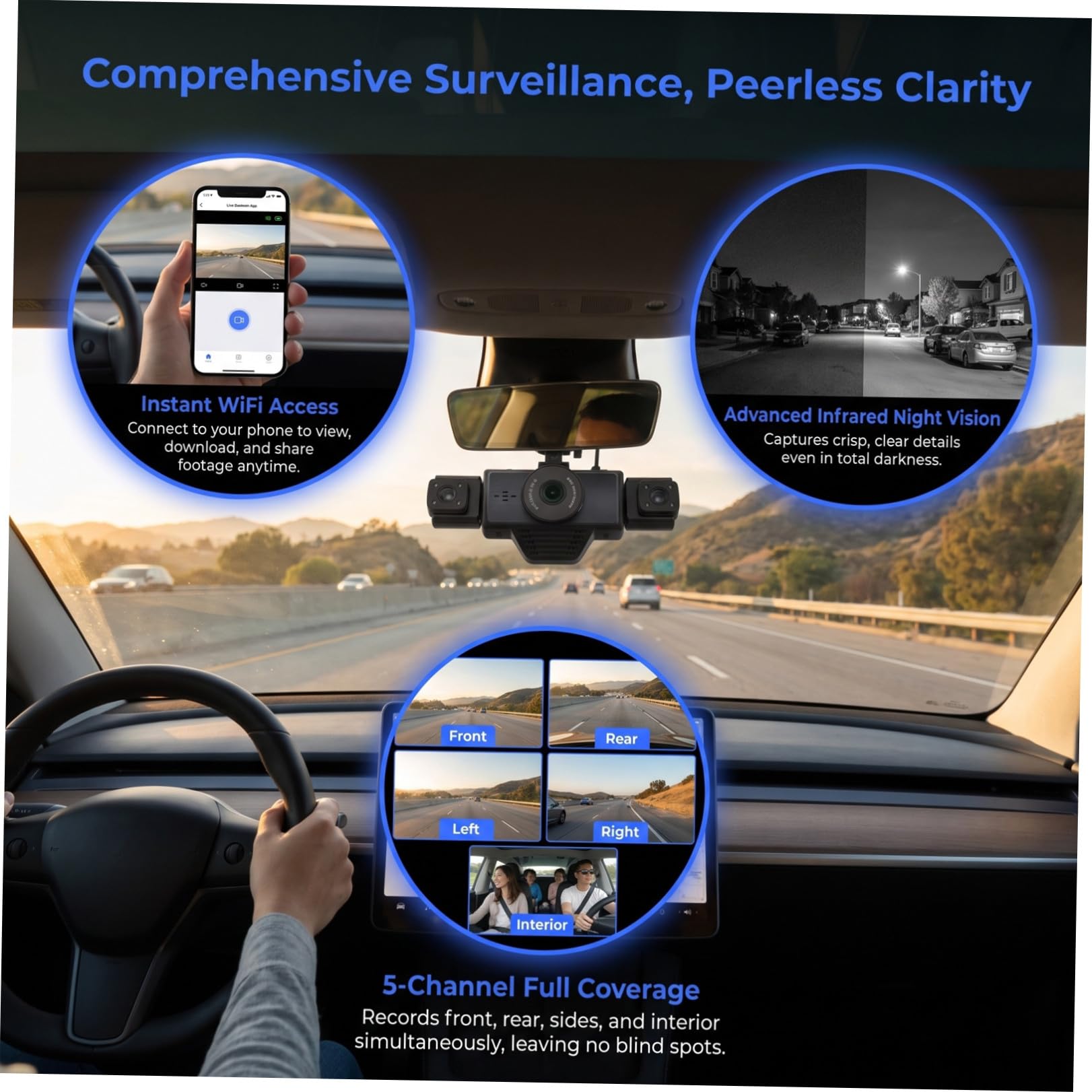 Videoregistratore Auto a Cinque Vie 2k in Abs Nero con Wifi