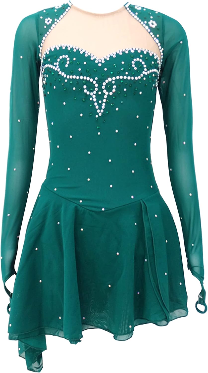 Ice Figure Skating Dress Girls Women Green Gauze Hook Refers to Gradual Diamond Inlay Competition Dress