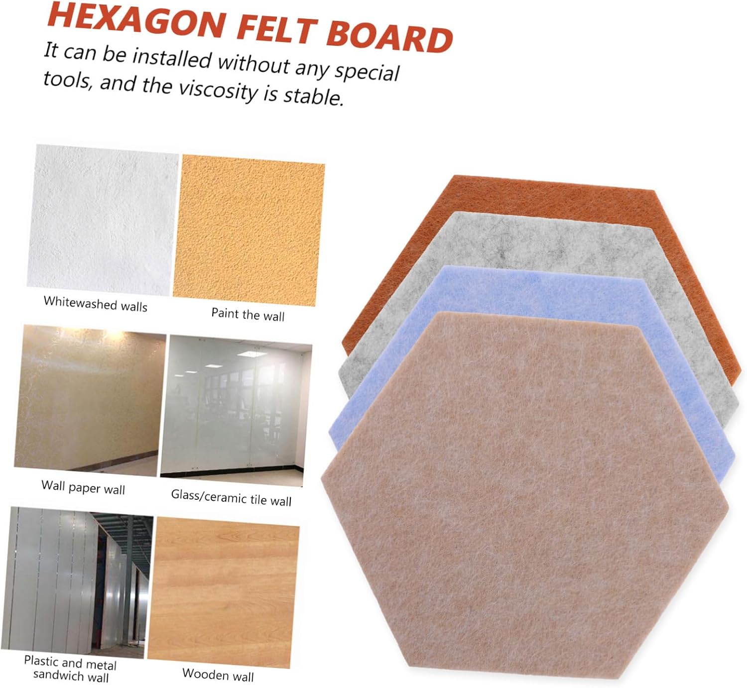 10pcs Hexagon Felt Board Thick Decorative Memo Tiles for Home Wall Bulletin Board with Drawing Pins Multi-Functional Felt Pin for Office School Photo Display and Message Notes