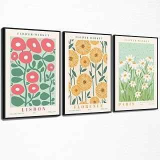 City Flower Market Wall Art Prints, 3PCS Botanical Floral Canvas Poster, Gallery Pink Flowers Sunflowers Painting, Paris Daisy Pictures for Baby Girl Nursery Bedroom Wall 8x12in Unframed
