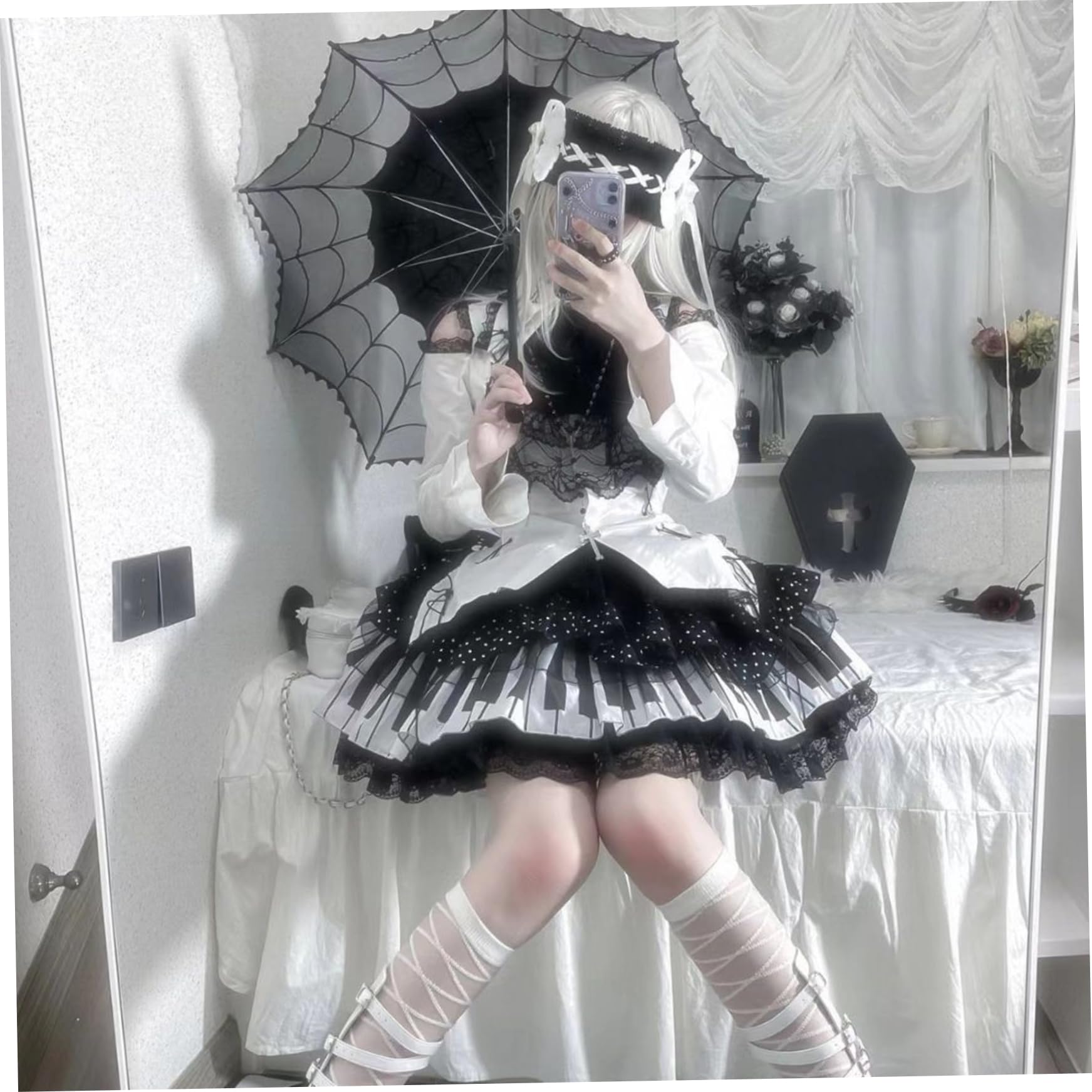 Klavierrock trendy Klavierschlüssel Plissierte süße Spitzenröcke mit elastischer Taille für Frauen Teenager Mädchen, Schwarz und Weiß