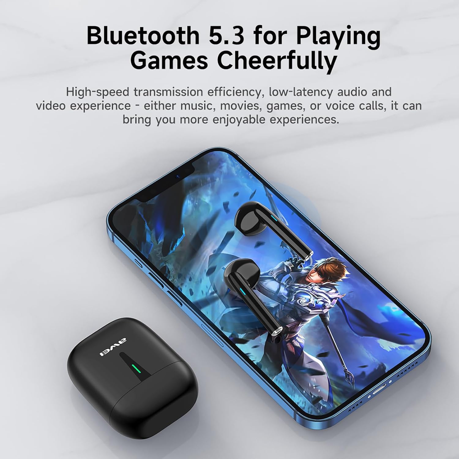AWEI T21 Bluetooth 5.3 Earbuds connected to a smartphone for audio playback