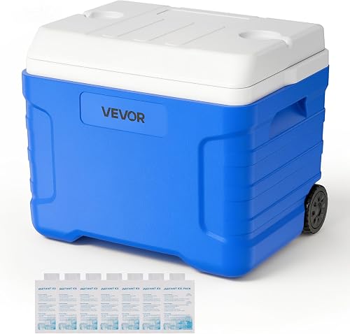 VEVOR Hard Cooler, 45QT Portable Rolling Cooler with Wheels, Leak-Resistant Coolbox Keeps Contents Cool for 48 Hours, Ice Retention Insulated Chests, Ultra-Light for Outdoor Picnics, Grill, Camping