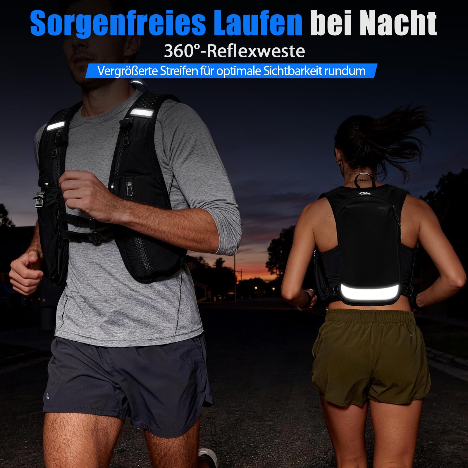 Laufweste für Damen und Herren, Trinkweste Laufen mit Trinkblase 2 L & Handytasche, Verstellbarer Brustgurt, mit reflektierenden Streifen für Trailrunning wandern Marathon Laufen joggen, Schwarz