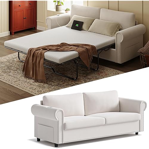 Queen Pull Out Sofa Bed | 83" Large Sleeper Sofa with Queen Size Mattress | 2-in-1 Convertible Loveseat Sofa-Bed with USB Ports Side Pockets Beige