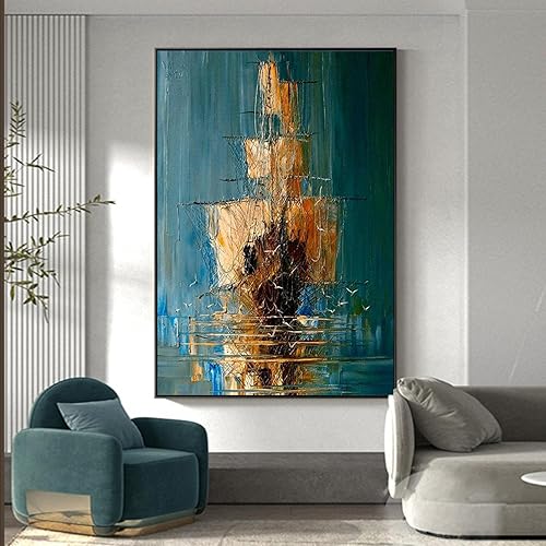 Miniatura 4 de Pintura al óleo abstracta grande sobre lienzo enmarcada velero cuadro moderno arte de pared pintura decorativa para decoración de oficina en casa