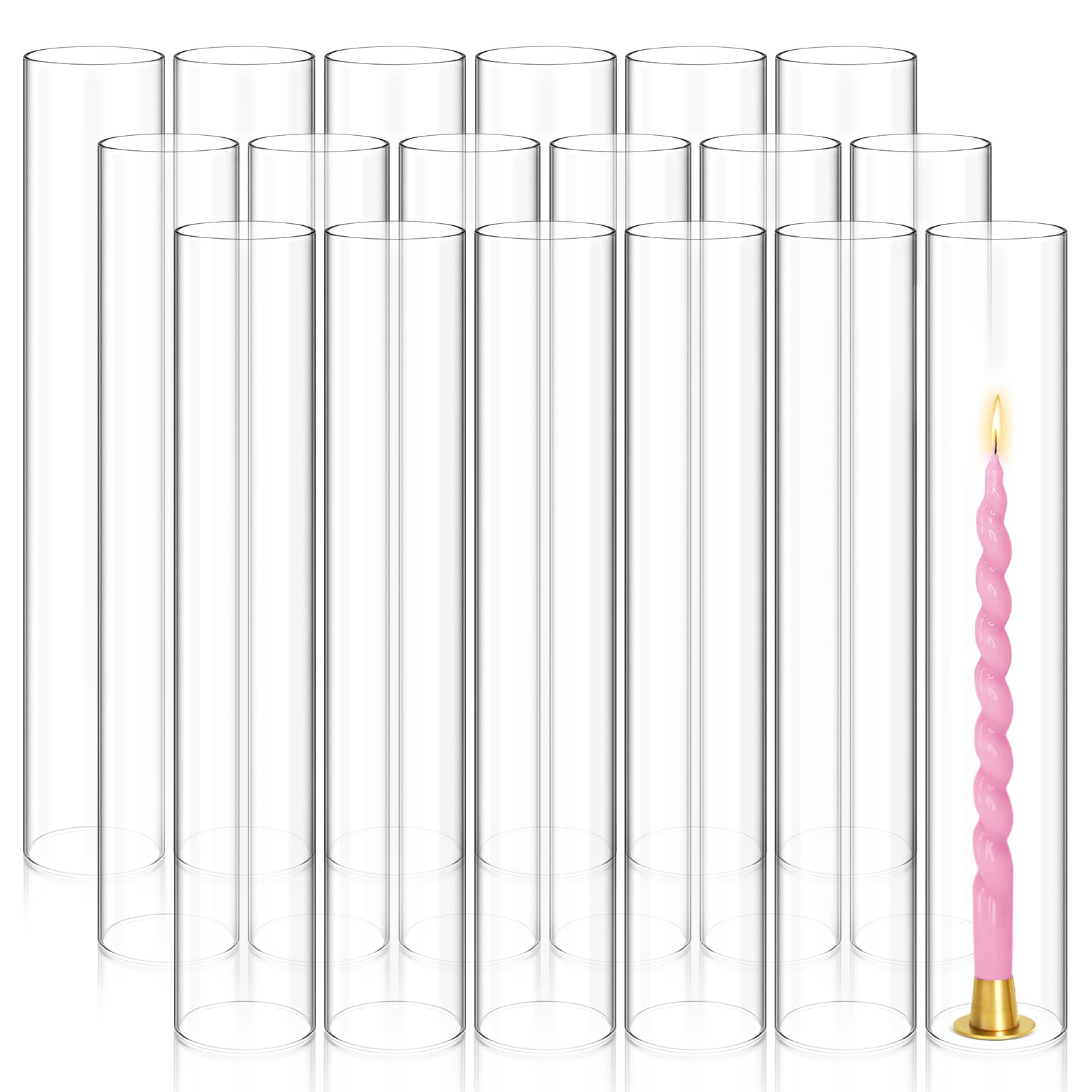 Showgeous 18 PCS Hurricane Candle Holder, D:3" H:14" Open Ended Glass Candle Cylinder Sleeve, Clear Glass Cylinder Candle Holder, Open Flame Candle Chimney Tube Cover, Bottomless Cylindrical Glass