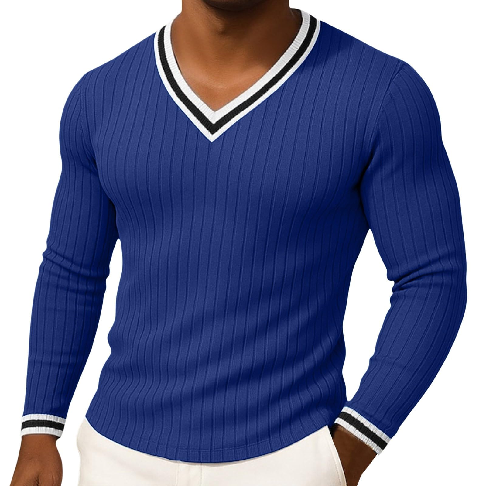 Generico Maglia Uomo Maniche Lunghe Scollatura a V in Tessuto Elastico, Modello Adatto per Allenamenti Sportivi E Look Casual Autunnali
