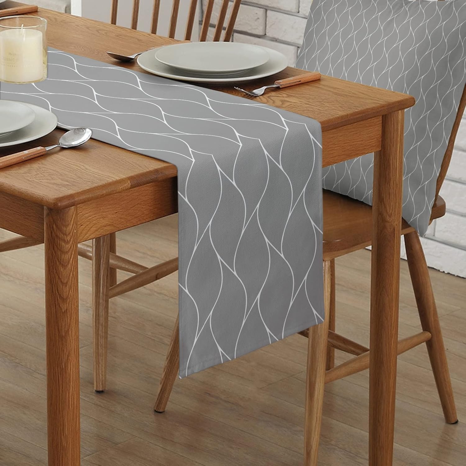 Flouky Kitchen Table Runner for Farmhouse Party Holiday Dinnner,Washable Coffee Table Runners 13x70 inch Long, Gray Wave Geometric Abstract Pattern Table Runner Dresser Scarves Dining Table Decor