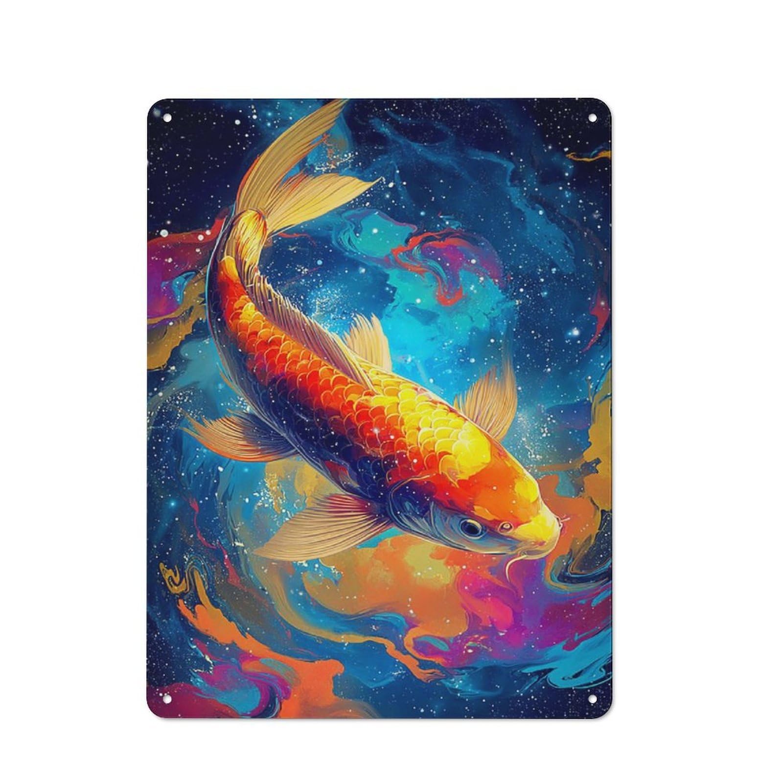 Junmoney Colorful Koi Fish In Cosmic Water Tin Sign With Design 40X30cm, Vintage Workshop Wall Decor For Tool Room, Garage, Studio Or Home Bar