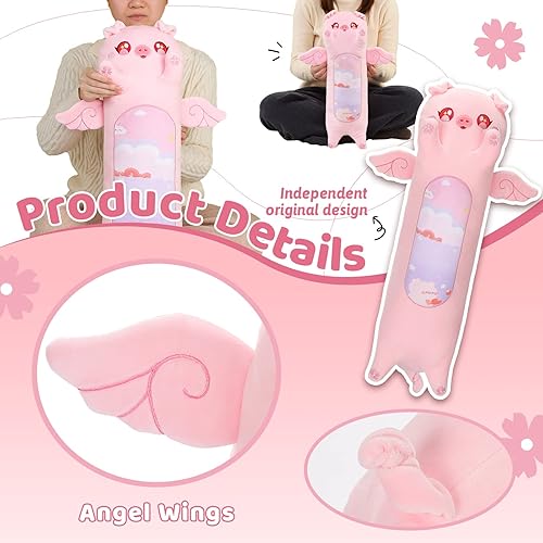 Miniatura 3 de AIXINI Almohada larga de felpa de cerdo rosa, lindo ángel cerdo rosa, juguete de almohada suave de peluche Kawaii para niños (cerdo ángel, 27.5