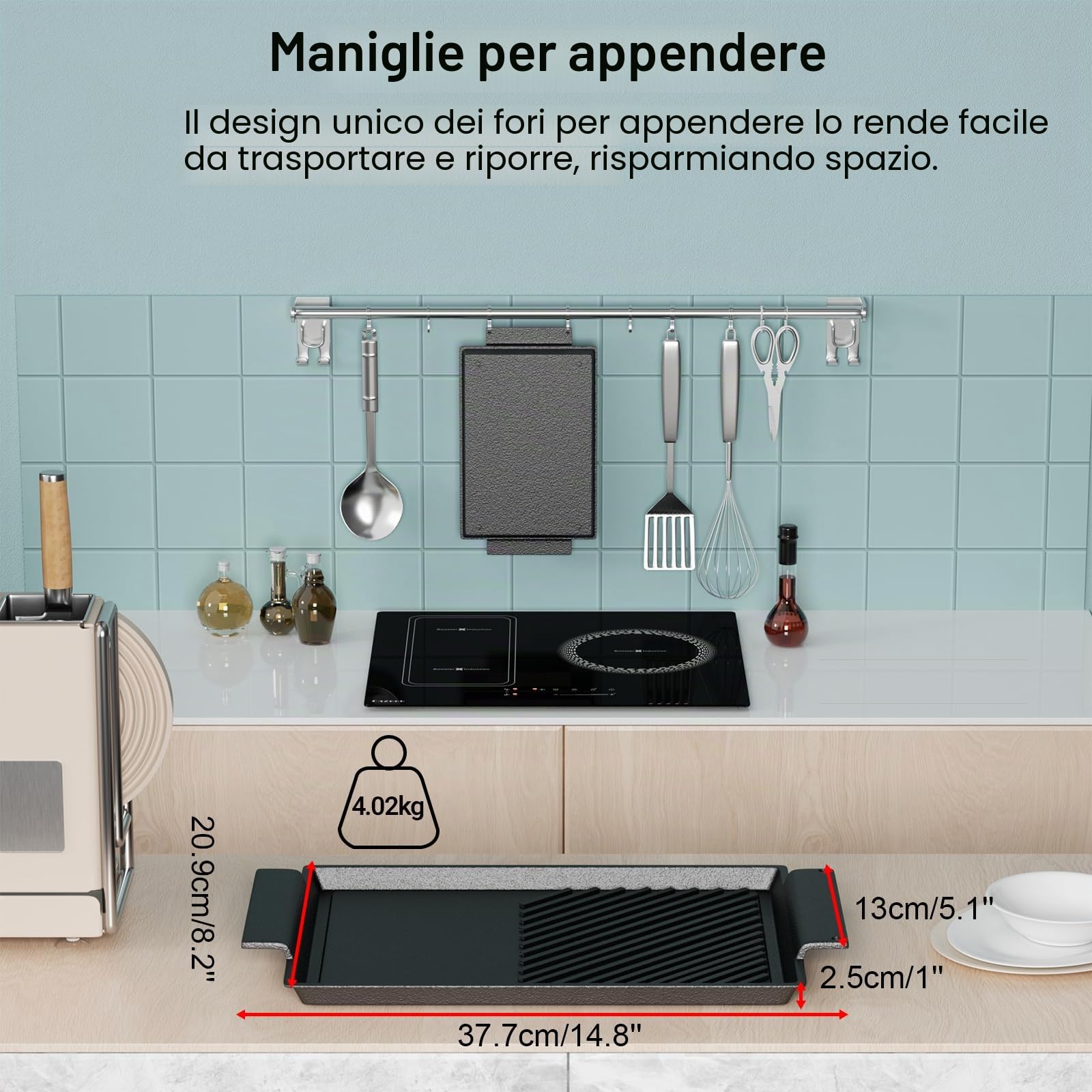 Piastra di cottura 38x21 cm con maniglie laterali e foro per appendere, plancha liscia con rivestimento in ghisa antiaderente per tutti i tipi di piani cottura, compresi induzione e forno