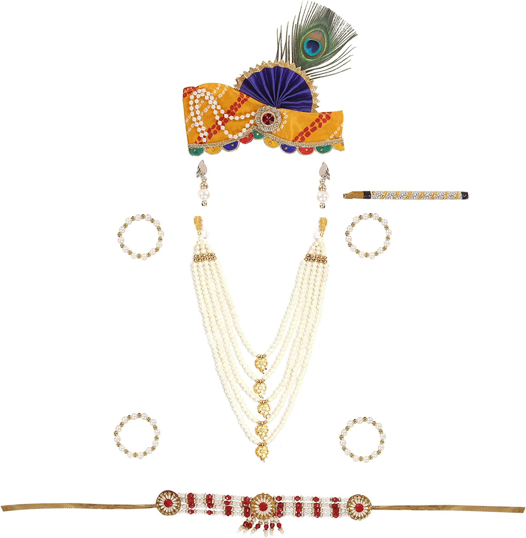 Raj Fancy DressesKrishna Dress for Kids, Baby Krishna Dress for Janmashtami with Krishna Mukut, Peacock Feather & Flute Embroidered Krishna Costume for Girl & Boy, 3 Months-8 Years