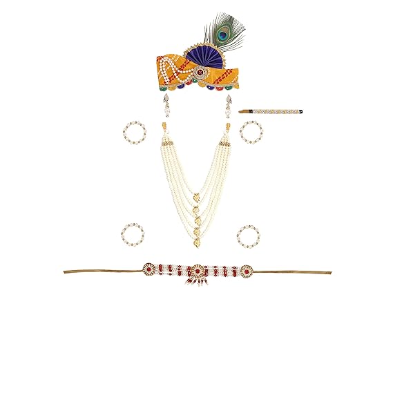 Raj Fancy Dresses Krishna Dress for Kids, Baby Krishna Dress for Janmashtami with Krishna Mukut, Peacock Feather & Flute Embroidered Krishna Costume for Girl & Boy, 3 Months-8 Years