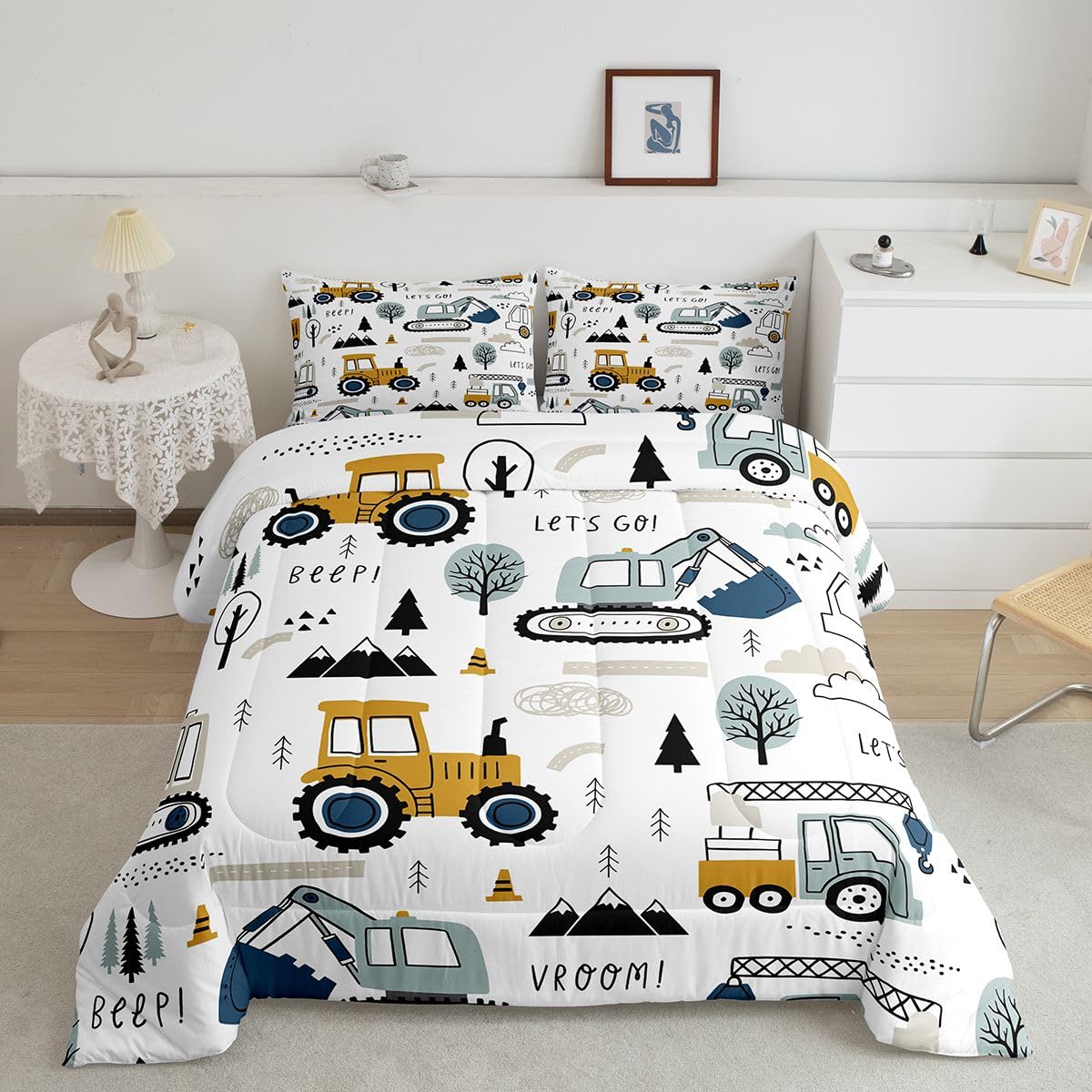Feelyou Cartoon Car Kids Comforter Set Construction Bedding Set Decor Equipment Trucks Comforter Cartoon Car Excavator Tractor White Yellow Duvet Set