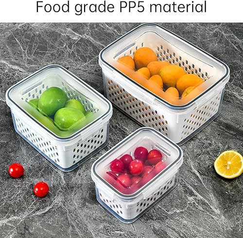 Miniatura 5 de ikasus Caja de almacenamiento para refrigerador con tapa y cesta de drenaje, contenedores de almacenamiento de frutas y verduras transparentes,