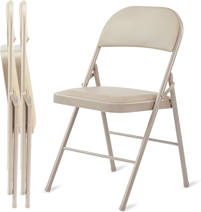 Simple Deluxe 2 Pack Folding Chairs with Leather Padded Cushion Seats & Durable Metal Frame, Comfortable, Foldable, Portable, Commercial Event Seat, Indoor Outdoor for Parties, Home, Office, Kahki