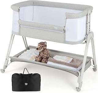 BABY JOY Bassinet Bedside Sleeper, Easy Folding Baby Crib w/All-Side Mesh, Storage Shelf, 7 Adjustable Heights, Mattress & Travel Bag for Safe Co-Sleeping, Portable Baby Bed for Newborn Infant -Gray