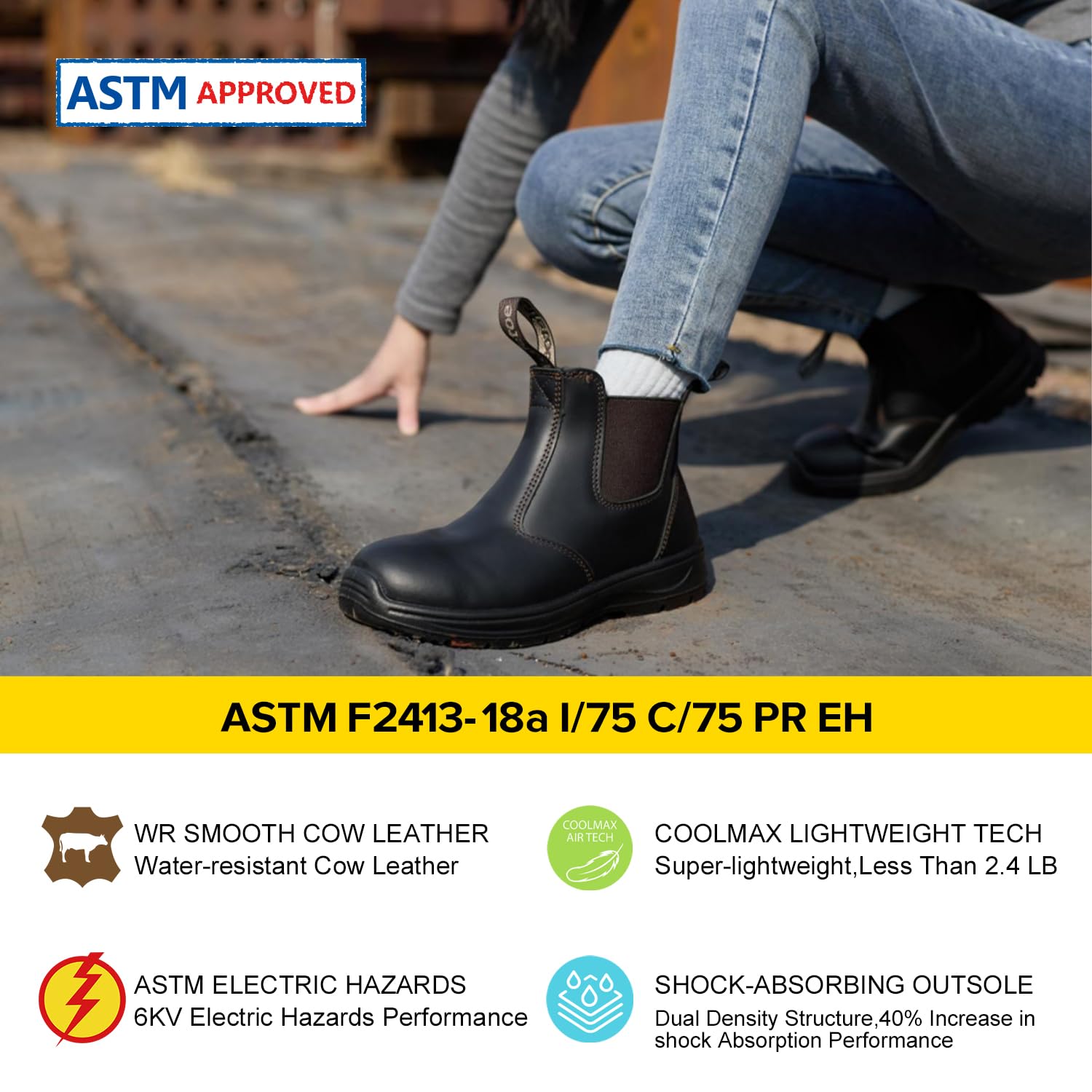 SAFETOE Botas de Seguridad Chelsea Slip-On para Mujer - Punta de Acero Antiagujero Resistente a Aceite/Agua ESD Cuero Respirable S3