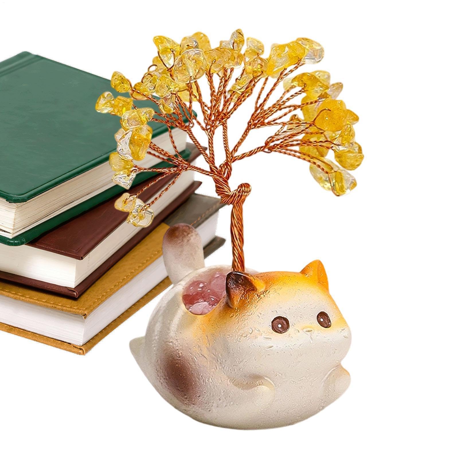 Arbre d'argent en citrine et statue de chat de fortune pour décoration de maison et bureau