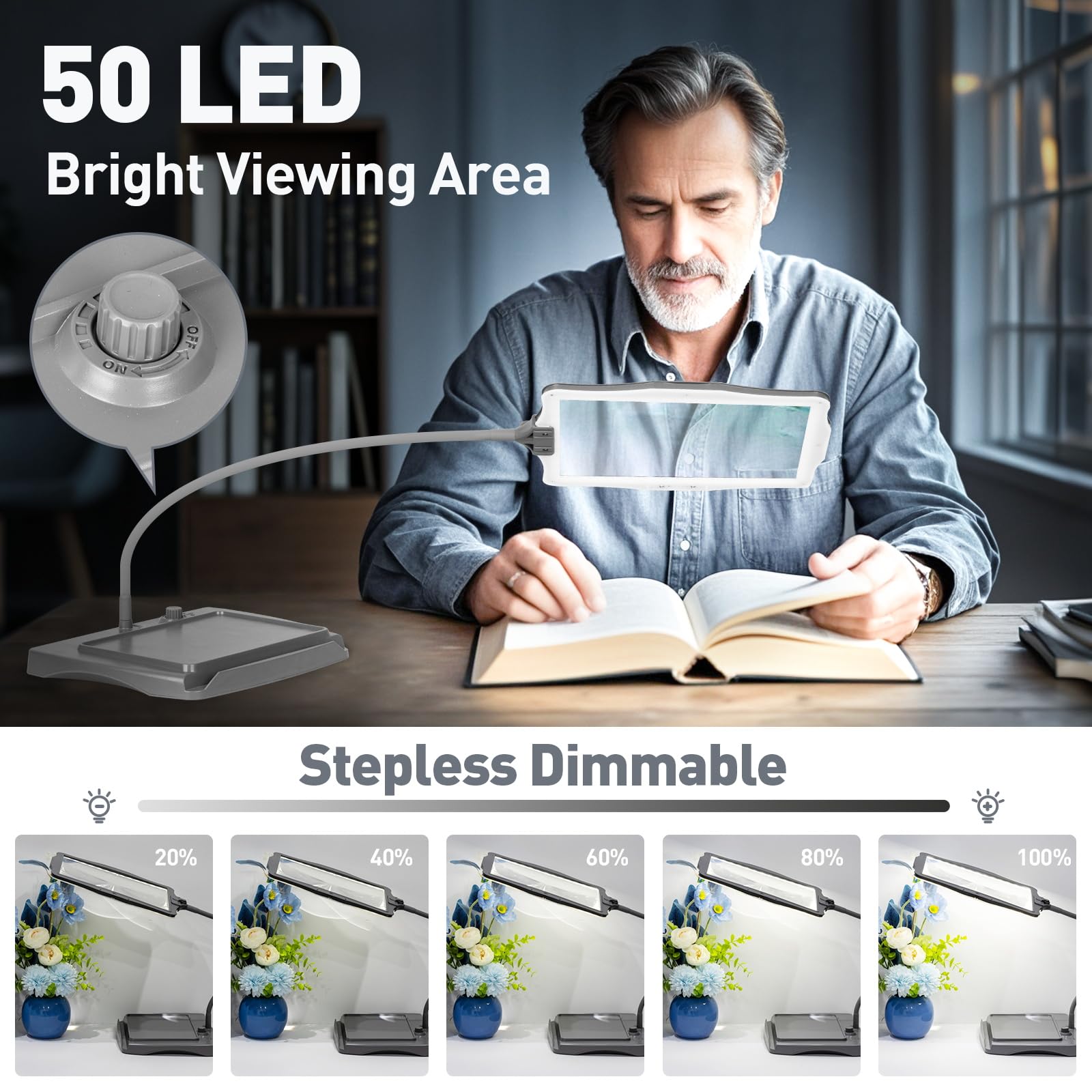 10X Rechargeable Magnifying Glass with Light and Stand, 50 LED Stepless Dimmable, Detachable Gooseneck Magnifying Lamp, Hands-Free Full Page Magnifier for Reading, Crafting, DIY, Close Work - Grey