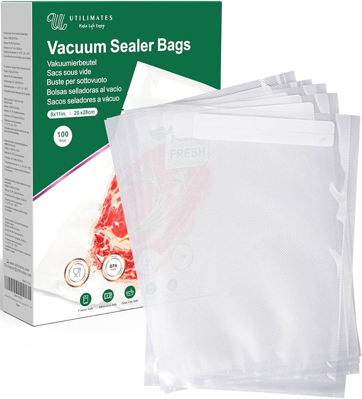 Bolsas selladoras al vacío de un cuarto de galón para alimentos, 8 x 11 pulgadas con área de etiqueta | Bolsas de sellado al vacío resistentes sin BPA para ahorrar alimentos, almacenamiento en el congelador, sellar una comida, Sous Vide, preparación de comidas, precortadas, 100 unidades