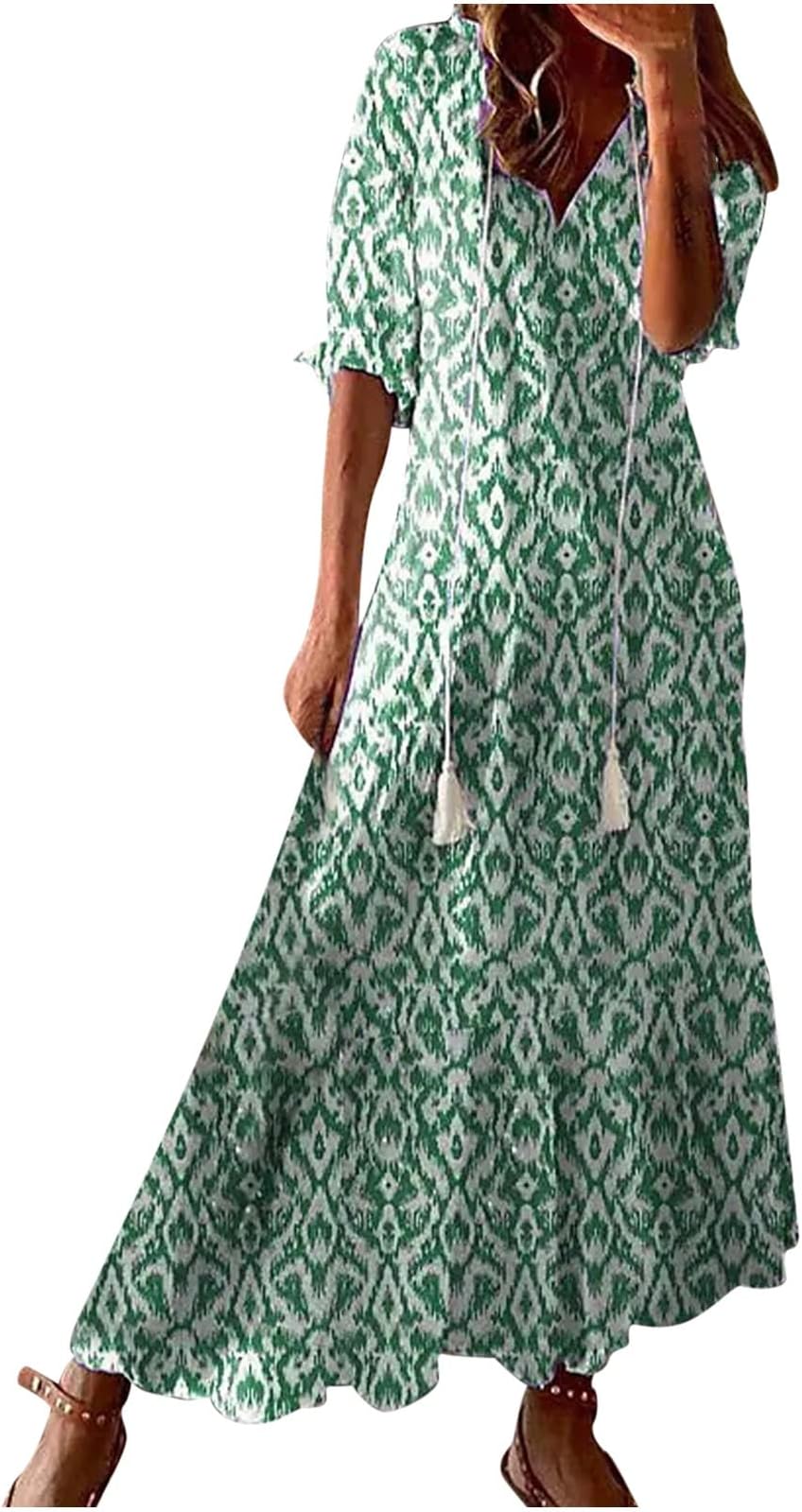 SMIDOWWomens Casual Spring Summer Shirt Dress V-Neck Short Sleeve Boho Printed Dress Flowy Cinched Waist Elegant Long Dress