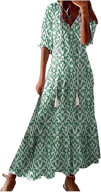 Womens Boho Printed Spring Summer Dress - V-Neck, Three-Quarter Sleeve, A-Line, Hide Belly