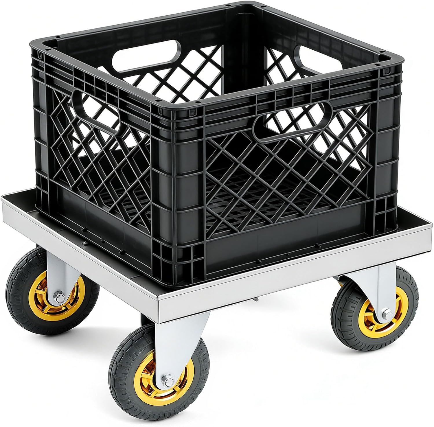 Heavy Duty 304 Stainless Steel Cart, 660lb Capacity Commercial Utility Dolly with Non-Marking Wheel for Restaurant Kitchen Warehouse, Milk Crate Storage Box Transport, 14.25''x14.25''x7.5''