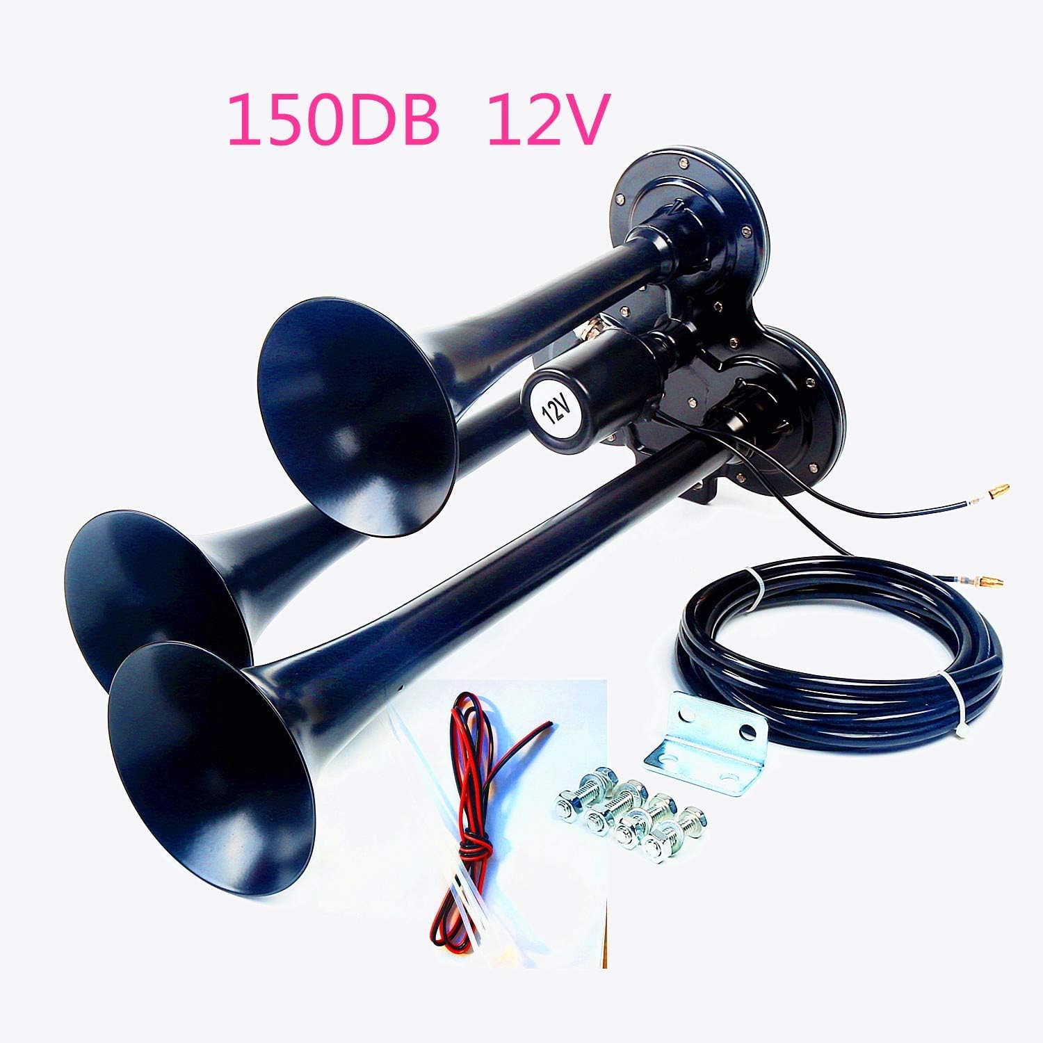 Car Horn Air Horn 160DB Three Tube Black, 150 Decibels, 12V, Universal Fit for Car, Truck, SUV, Motorcycle, Boat, etc.