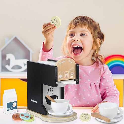 Miniatura 6 de Play Kitchen Accessories - Cafetera de madera para niños, cafetera de juguete, juego de cocina para niñas y niños (máquina de café) (negro)