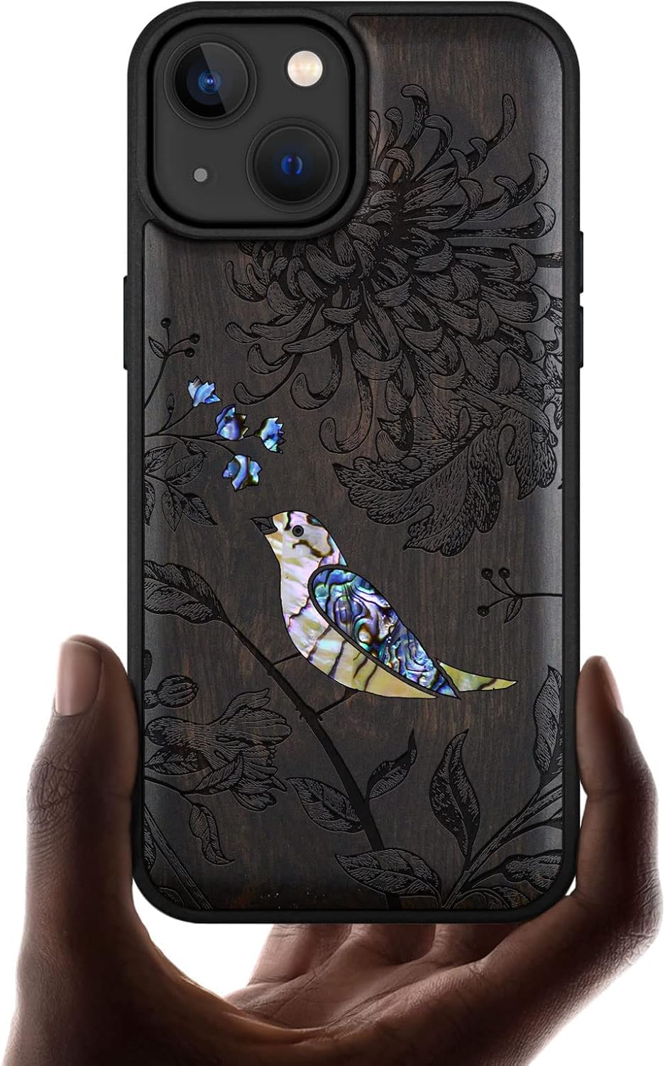 Carveit Designer Wooden Protective Magnetic Case for iPhone 14 Case [Wood Engraving & Shell Inlay] Compatible with iPhone 14 MagSafe (Flowers and Bird-Cherry)