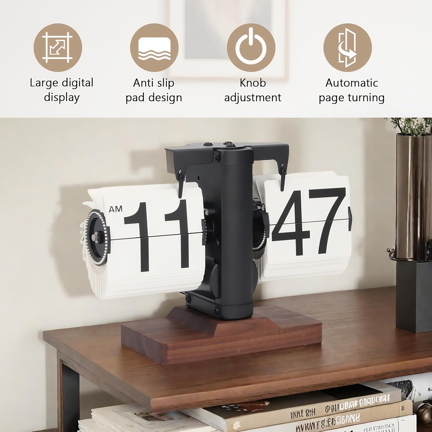 Flip Desk Clock, 12 Hours Single Sided Retro Flip Down Clock, Battery Powered Gear Operated Clock Mechanical Auto Flip Down Clock with Wood Base (Black Shelf White Page)