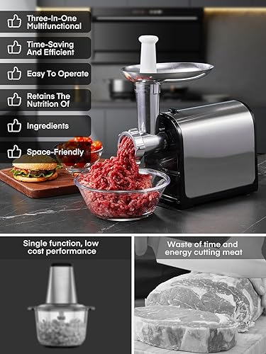 Miniatura 4 de HOUSNAT - Picadora de carne eléctrica, 3200 W máximo para uso doméstico, picadora de carne resistente 3 en 1 con 2 cuchillas y 3 platos, tubo de