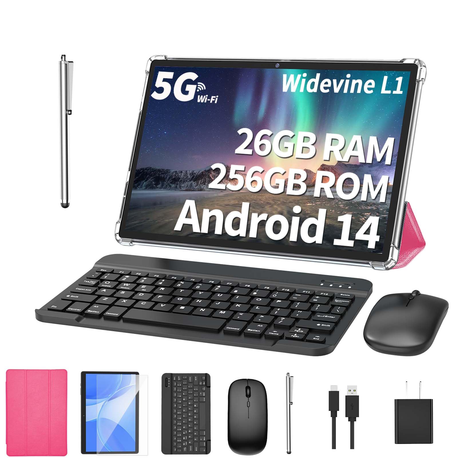 Tableta Android PYNAREL con teclado, 26 GB de RAM, 256 GB de ROM (1 TB expandido), tableta Android 14 de 10.1 pulgadas, batería de 8000 mAh, BT 5.0, certificación GMS, WiFi 2.4G y 5G, tabletas 2 en 1 con mouse, estuche, lápiz óptico (rosa)