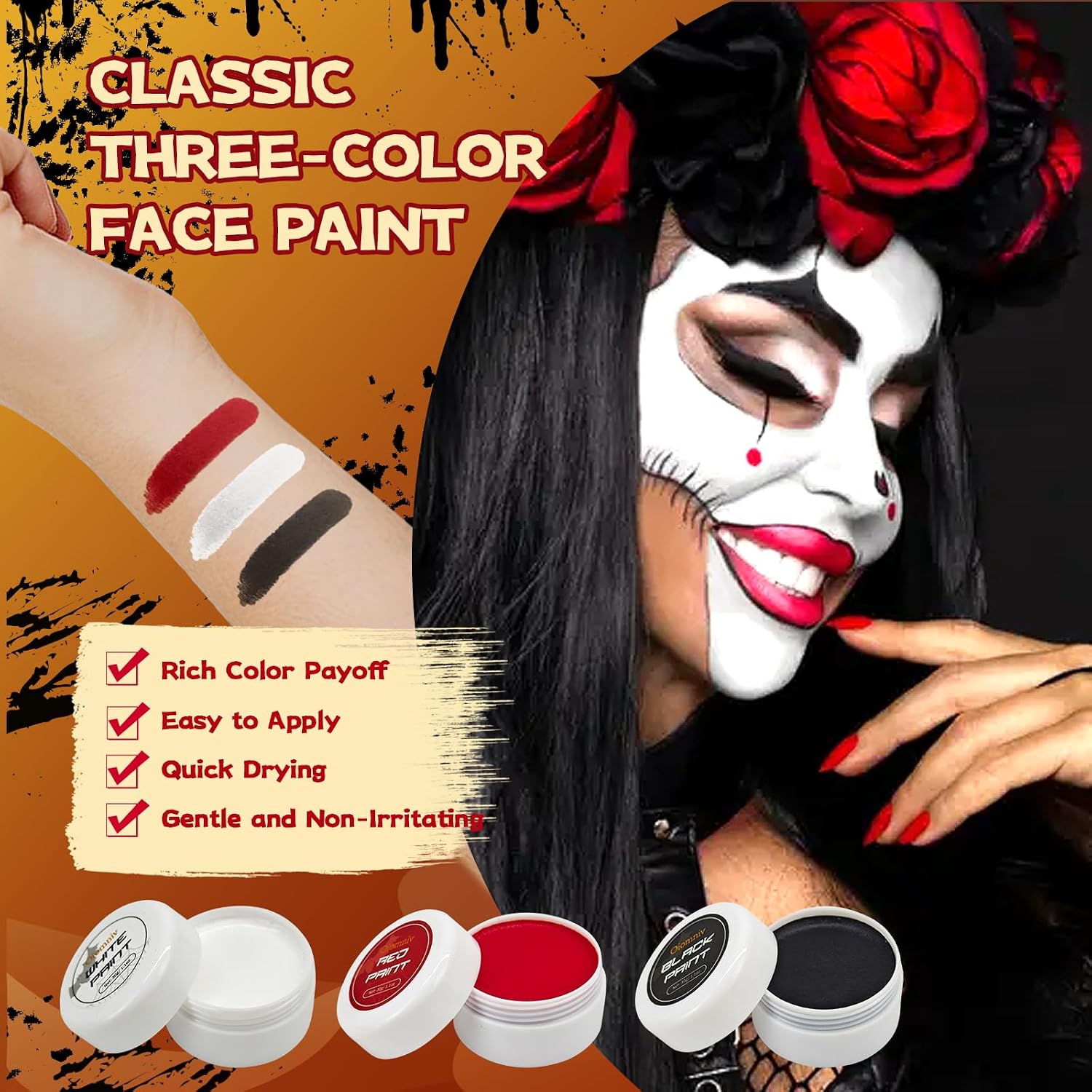 Oiomniv Black White Red Face Body Paint Water Based Face Painting Kit with 5 Brushes 4 Sponge 2 Stickers, SFX Makeup for Adults Teens Halloween Cosplay Zombie Clown Skeleton Vampire