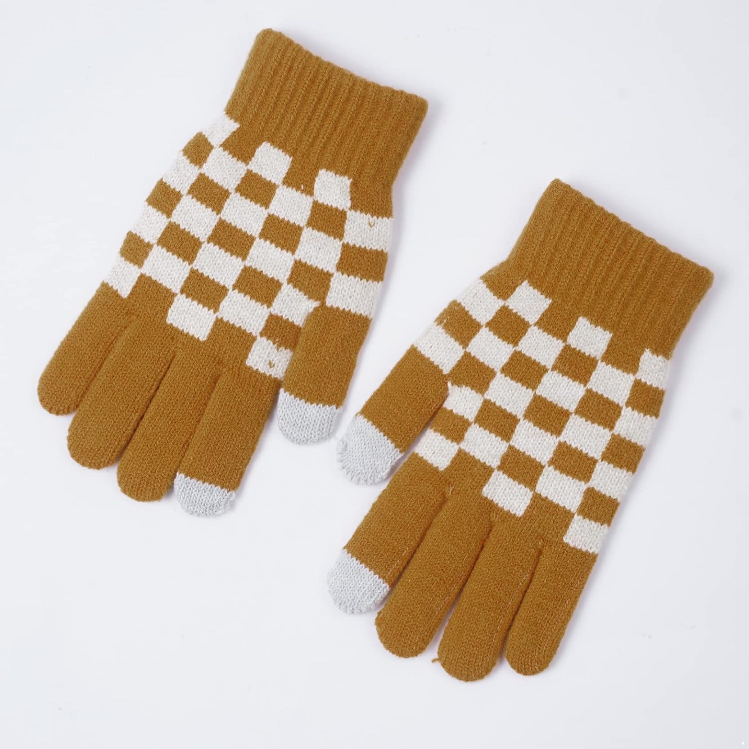 1 Pair Kids Gloves Checkered Full Finger Stretchy Gloves Warm Knitted Gloves Mittens for Boys or Girls Daily Supplies
