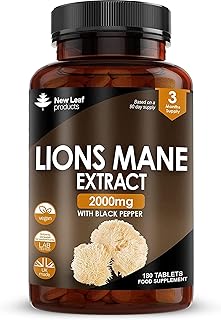 Lions Mane Mushroom 2000mg - 180 High Strength Vegan Tablets - Lion's Mane Supplement with Black Pepper - Lion's Mane Mushrooms Extract (Not Powder or Capsules) Made in The UK by New Leaf Products