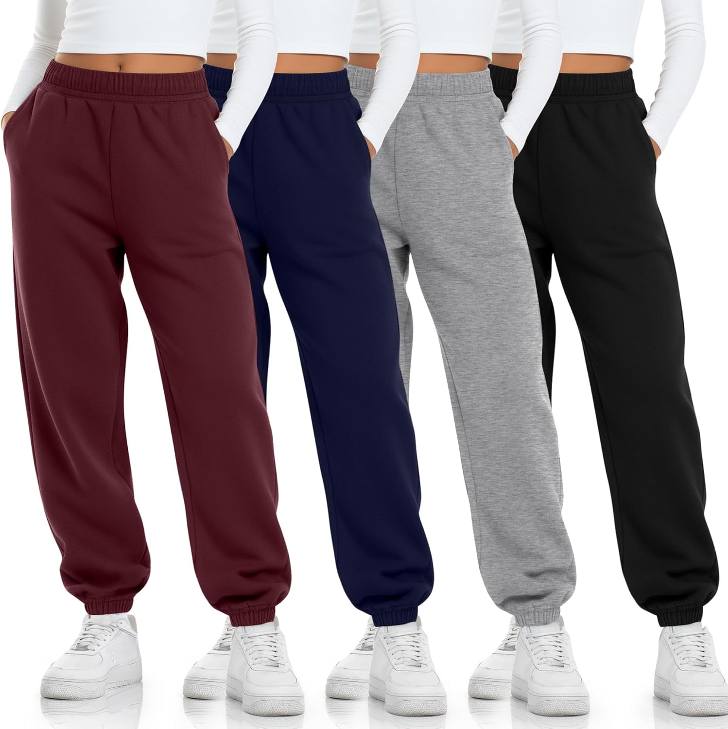 4 Pack Girls' Joggers Sweatpants Kids Casual Pants Elastic Waisted Soft Athletic Sweat Pants with Pocket